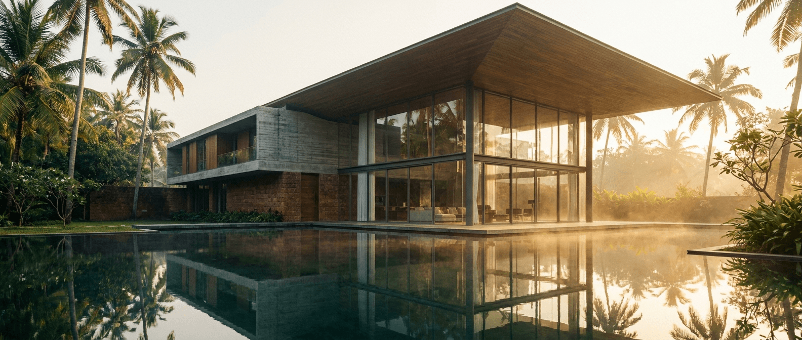 Contemporary concrete and stone residence in Kerala at dawn